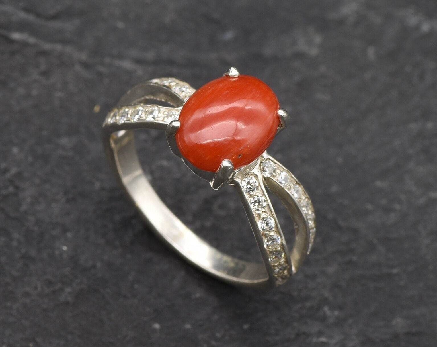 Coral Ring, Promise Ring, March Birthstone, Red Coral Ring, Natural Coral, Anniversary Ring, Double Band, Solid Silver Ring, Pure Silver