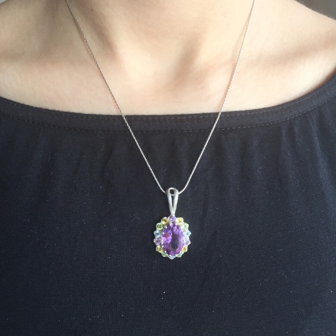 Large Amethyst Pendant, Victorian Necklace, Natural Amethyst, Antique Pendant, Topaz Necklace, Princess Diana, Colorful Pendant, 925 Silver