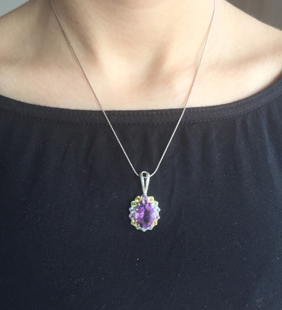 Large Amethyst Pendant, Victorian Necklace, Natural Amethyst, Antique Pendant, Topaz Necklace, Princess Diana, Colorful Pendant, 925 Silver