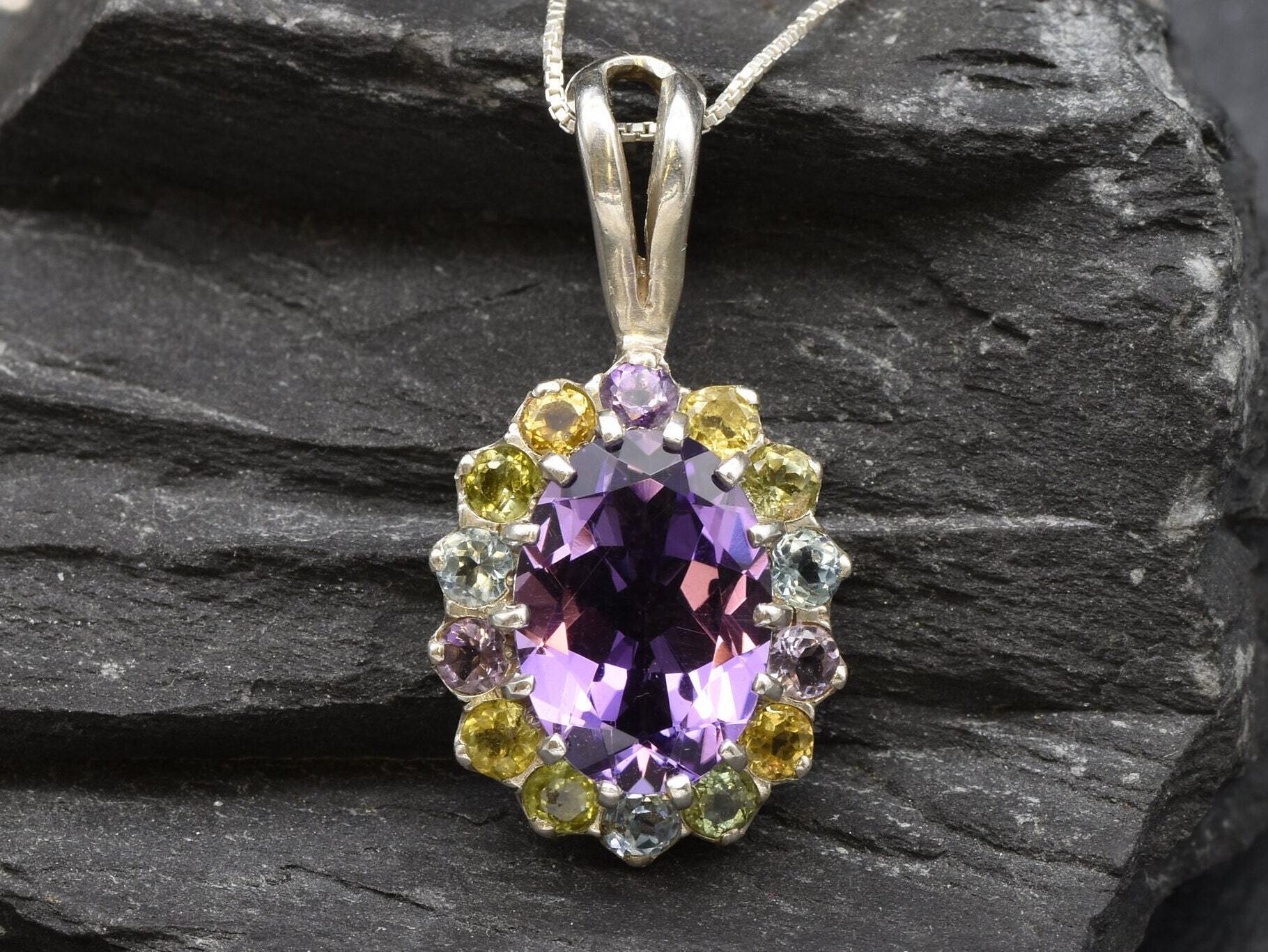 Large Amethyst Pendant, Victorian Necklace, Natural Amethyst, Antique Pendant, Topaz Necklace, Princess Diana, Colorful Pendant, 925 Silver