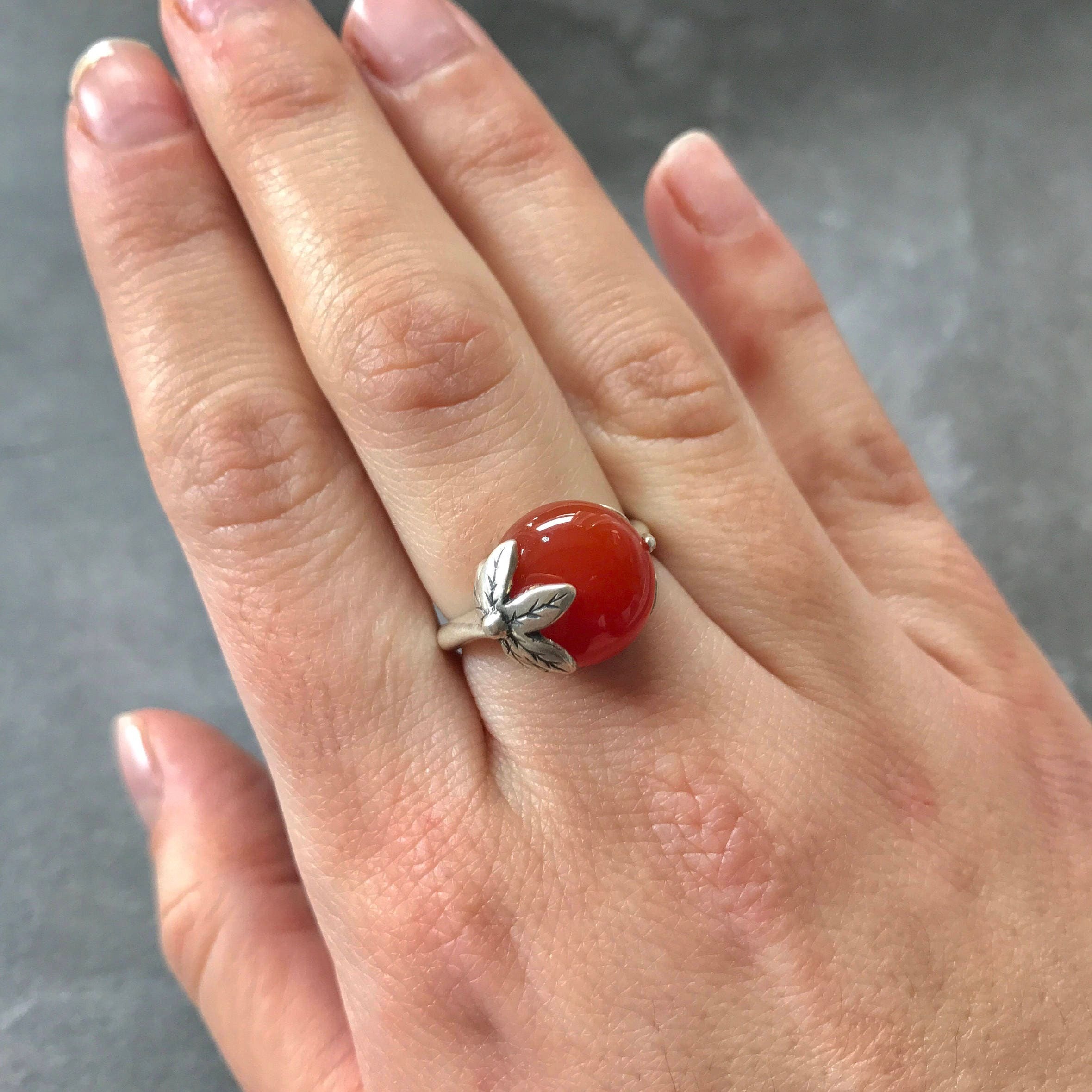 Carnelian Ring, Natural Carnelian, Red Agate Ring, Agate Ring, Leaf Ring, Red Ring, Vintage Rings, Red Stone, Solid Silver Ring, Agate