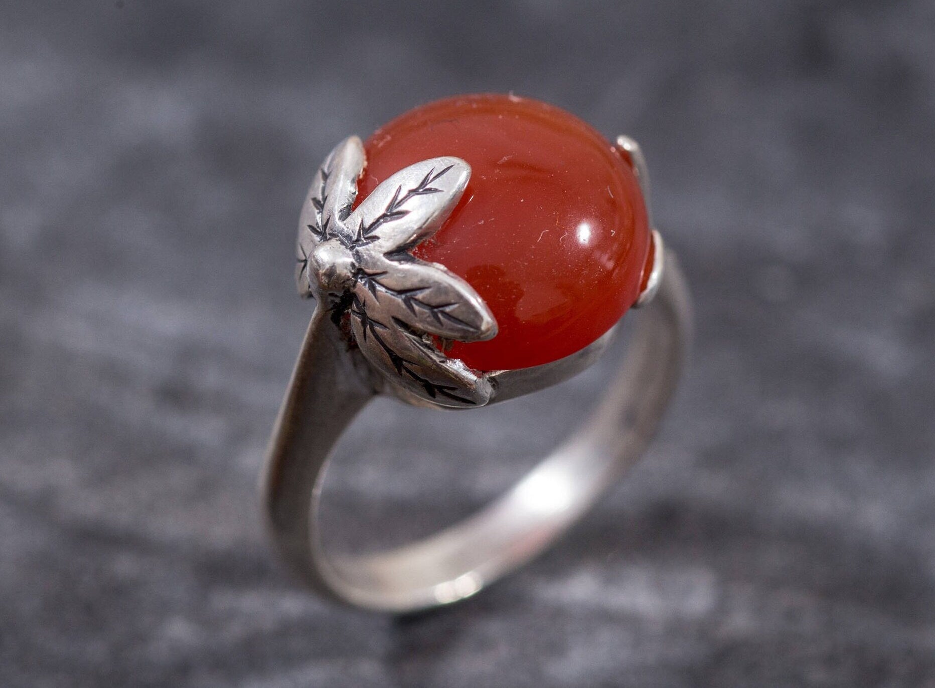 Carnelian Ring, Natural Carnelian, Red Agate Ring, Agate Ring, Leaf Ring, Red Ring, Vintage Rings, Red Stone, Solid Silver Ring, Agate