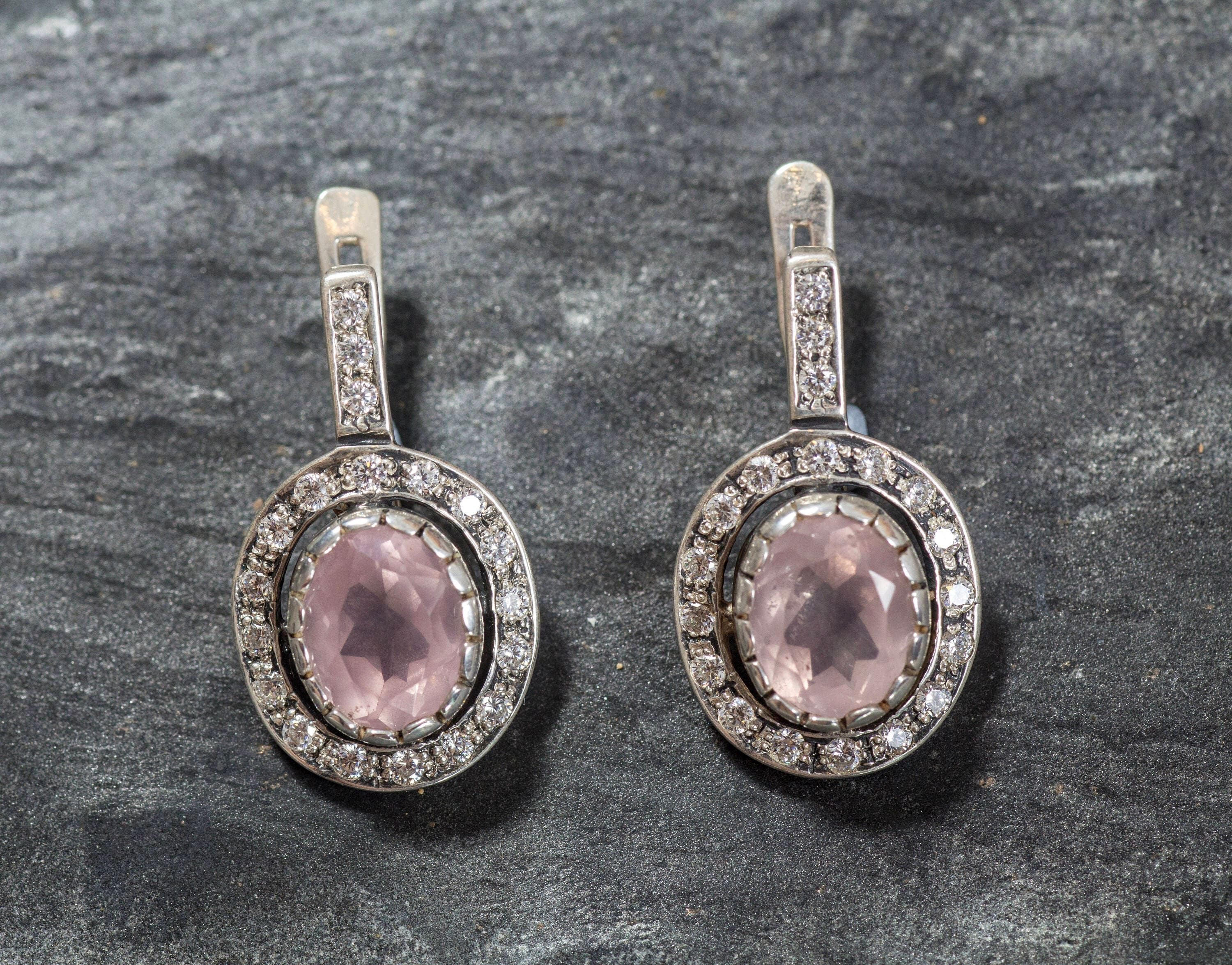 Rose Quartz Earrings, Rose Quartz, Antique Earrings, Vintage Earrings, Long Earrings, Silver Earrings, Pink Vintage Earrings