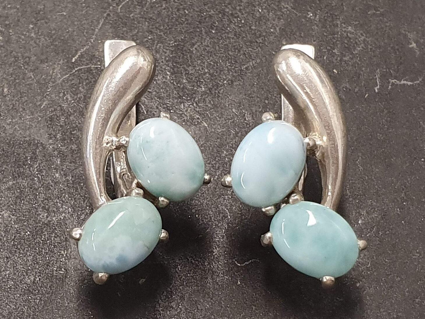 GENUINE Larimar Earrings - Twin Blue Earrings - Long Silver Earrings
