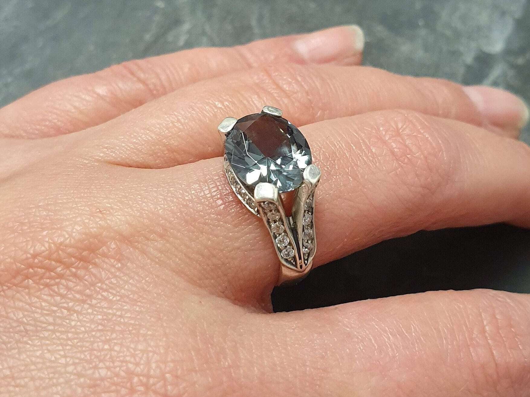 Green Diamond Ring, Created Diamond, Horizontal Ring, Antique Ring, Green Vintage Ring, Large Antique Rings, Chunky Ring, Solid Silver Ring