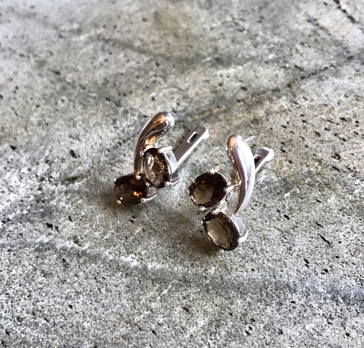 Vintage Earrings, Two Stone Earrings, Natural Topaz, Smoky Topaz Earrings, Solid Silver, Silver Earrings, Diamond Cut, Smoky Topaz, Two Gems