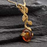 Gold Amber Necklace - Natural Amber Pendant - Long Branch Necklace