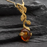 Gold Amber Necklace - Natural Amber Pendant - Long Branch Necklace