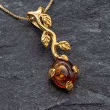 Gold Amber Necklace - Natural Amber Pendant - Long Branch Necklace