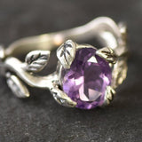 Leaf Amethyst Ring - Purple Vintage Ring - Silver Branch Ring