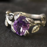 Leaf Amethyst Ring - Purple Vintage Ring - Silver Branch Ring