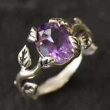 Leaf Amethyst Ring - Purple Vintage Ring - Silver Branch Ring