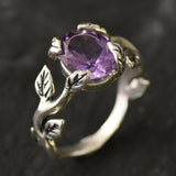 Leaf Amethyst Ring - Purple Vintage Ring - Silver Branch Ring