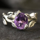 Leaf Amethyst Ring - Purple Vintage Ring - Silver Branch Ring