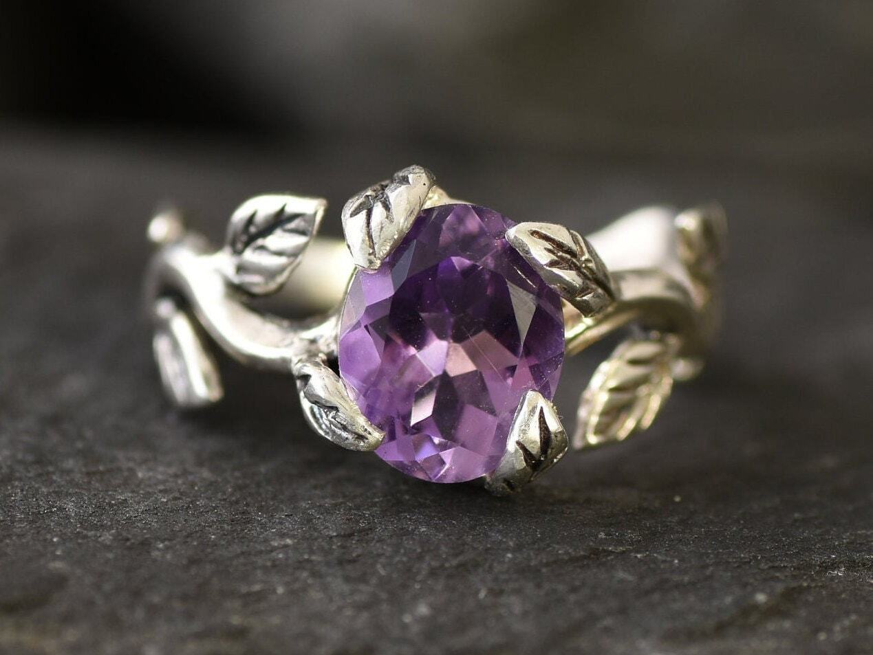 Leaf Amethyst Ring, Flower Ring, Natural Amethyst, Bohemian Ring, February Birthstone, 3 Carat Solitaire, Branch Ring, Solid Silver Ring