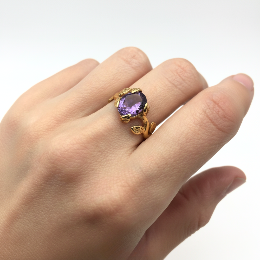 Elegant 18k Gold Vermeil ring featuring a round Natural Amethyst, perfect for February birthdays and special occasions.