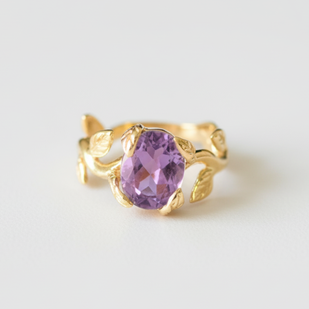 Natural Amethyst Ring made in 18k Gold Vermeil with Round Natural Purple Amethyst in Prong setting, February Birthstone gift idea, symbolizes peace & clarity, ideal for everyday wear and perfect for birthday gifting and special occasions.