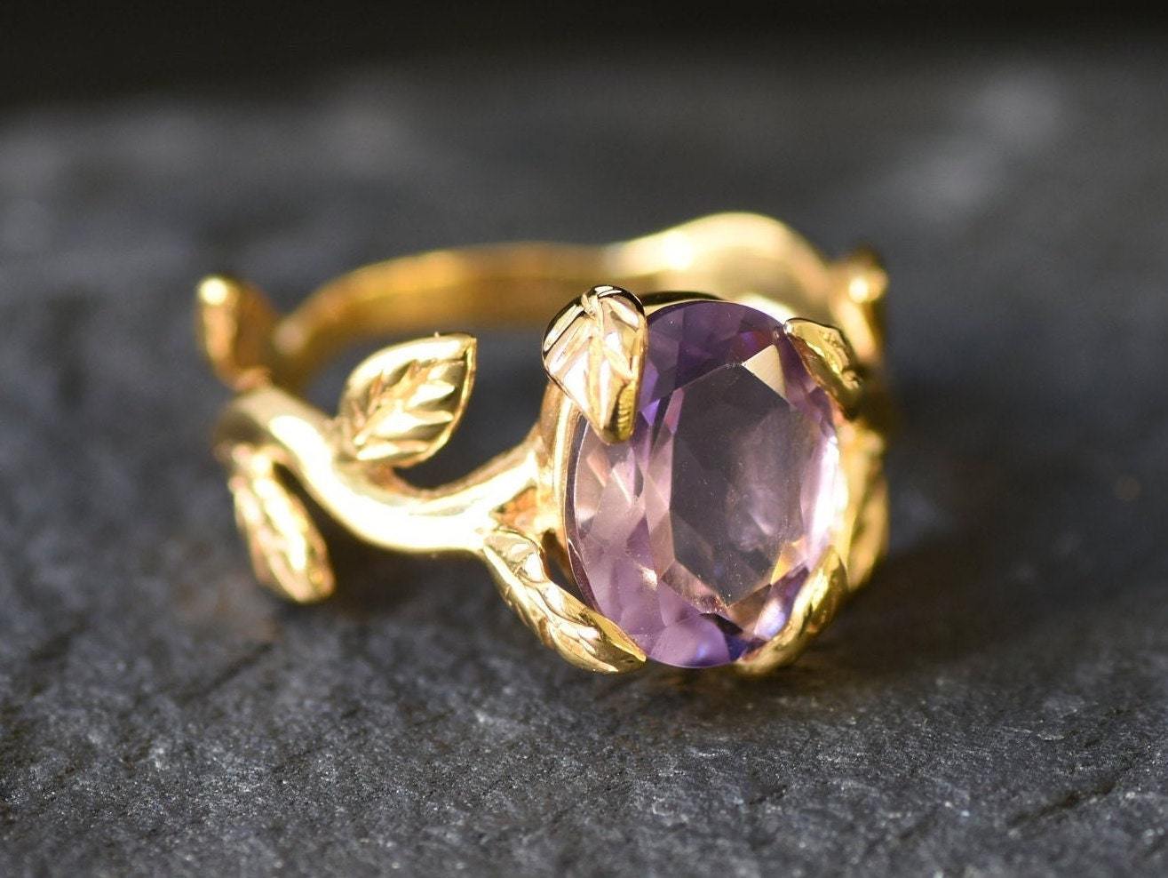 Leaf Amethyst Ring, Flower Ring, Natural Amethyst, Bohemian Ring, February Birthstone, 3 Carat Solitaire, Branch Ring, Solid Silver Ring(1)