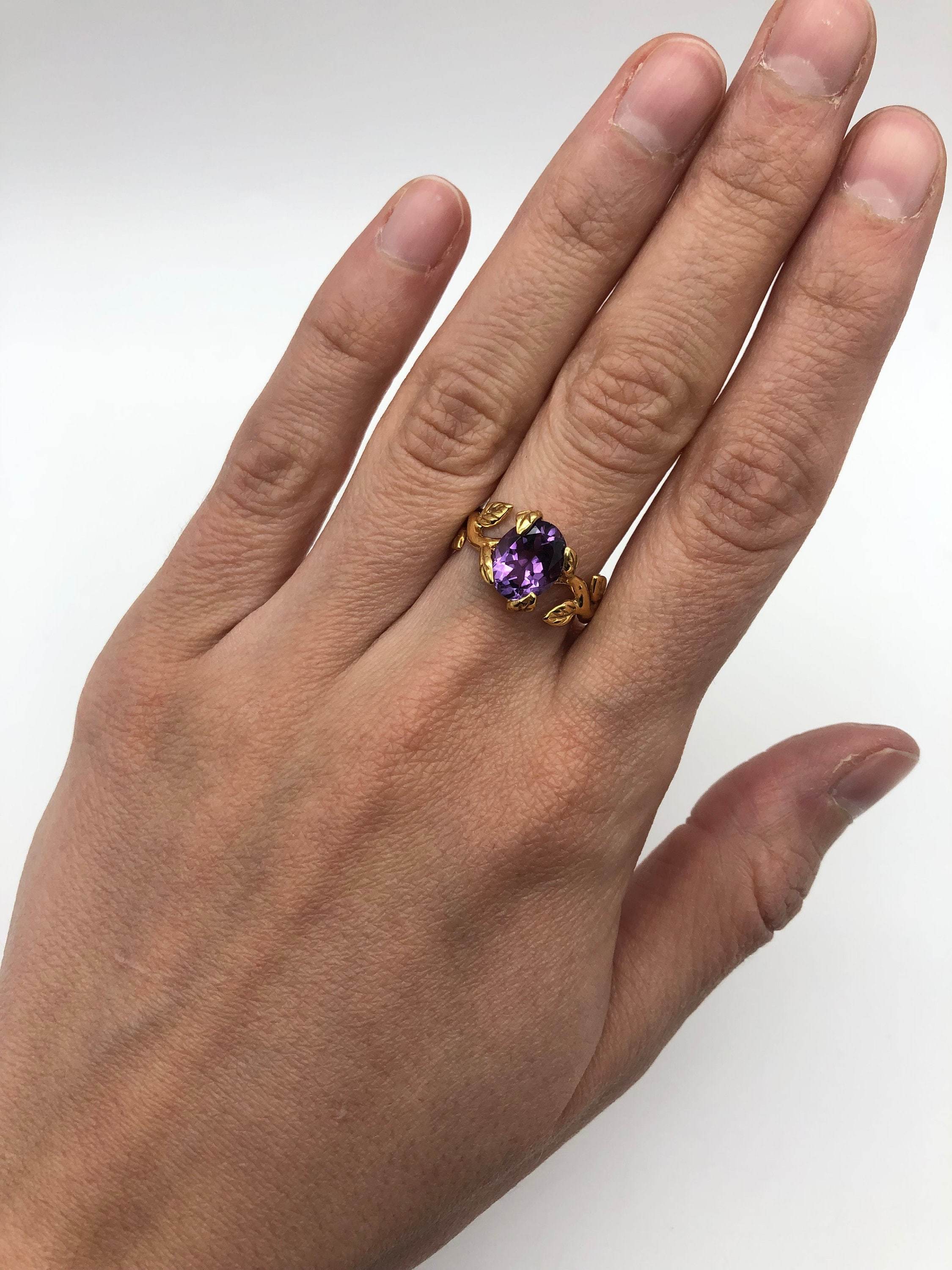 Leaf Amethyst Ring, Flower Ring, Natural Amethyst, Bohemian Ring, February Birthstone, 3 Carat Solitaire, Branch Ring, Solid Silver Ring(1)