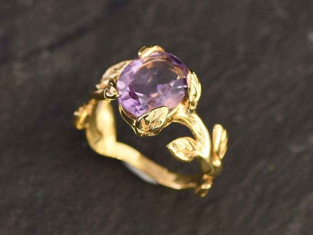 Leaf Amethyst Ring, Flower Ring, Natural Amethyst, Bohemian Ring, February Birthstone, 3 Carat Solitaire, Branch Ring, Solid Silver Ring(1)