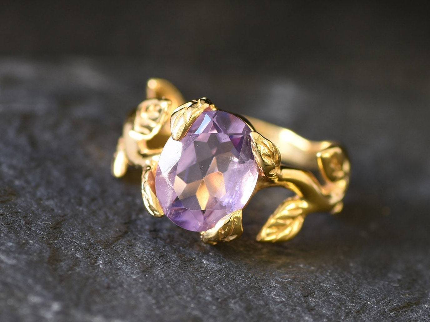 Leaf Amethyst Ring, Flower Ring, Natural Amethyst, Bohemian Ring, February Birthstone, 3 Carat Solitaire, Branch Ring, Solid Silver Ring(1)