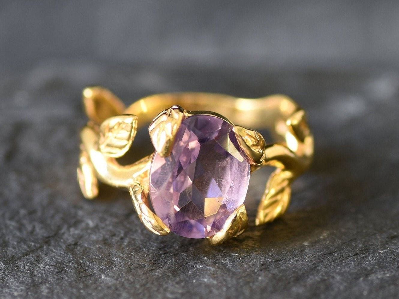 Leaf Amethyst Ring, Flower Ring, Natural Amethyst, Bohemian Ring, February Birthstone, 3 Carat Solitaire, Branch Ring, Solid Silver Ring(1)