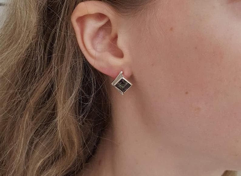 Garnet Earrings, Natural Garnet, January Birthstone, Silver Square Studs, Red Diamond Studs, Red Vintage Earrings, Solid Silver Earrings