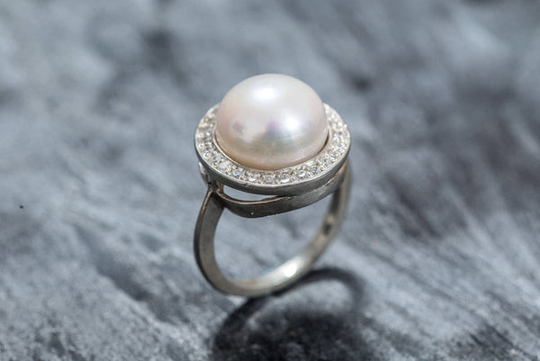 Black Pearl Engagement Ring White Gold Ring Engagement Ring Gold Pearl Ring  - Camellia Jewelry