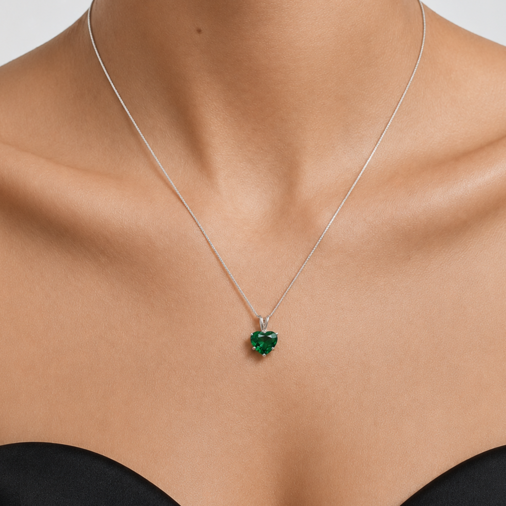 Elegant 925 Sterling Silver Emerald Pendant with Heart-Shaped Green Emerald, perfect for birthdays and special occasions.