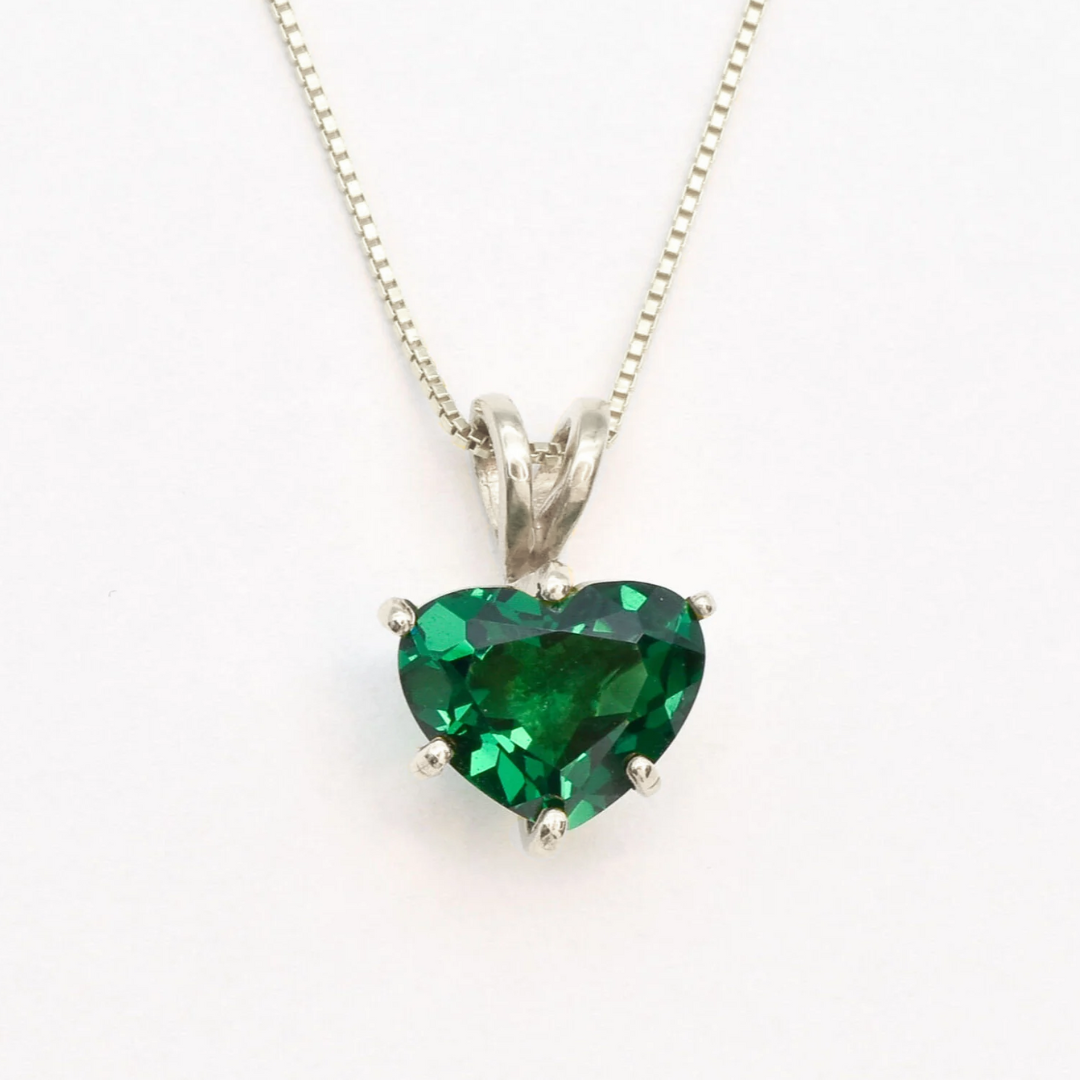 Created Emerald Pendant made in 925 Sterling Silver with Heart Created Green Emerald in Solitaire setting, May Birthstone gift idea, symbolizes, ideal for everyday wear and perfect for birthday gifting and special occasions.