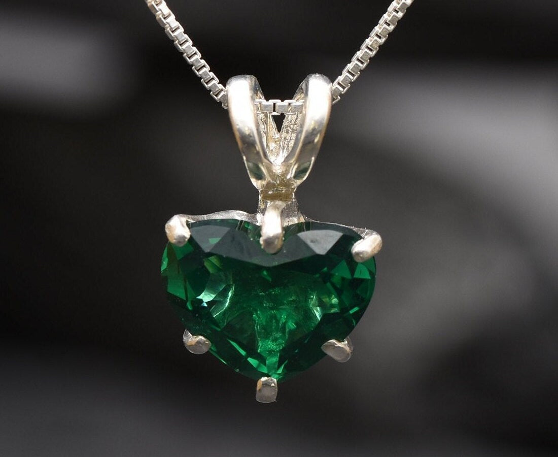 Emerald Heart Pendant - Green Heart Pendant, Silver Heart Pendant
