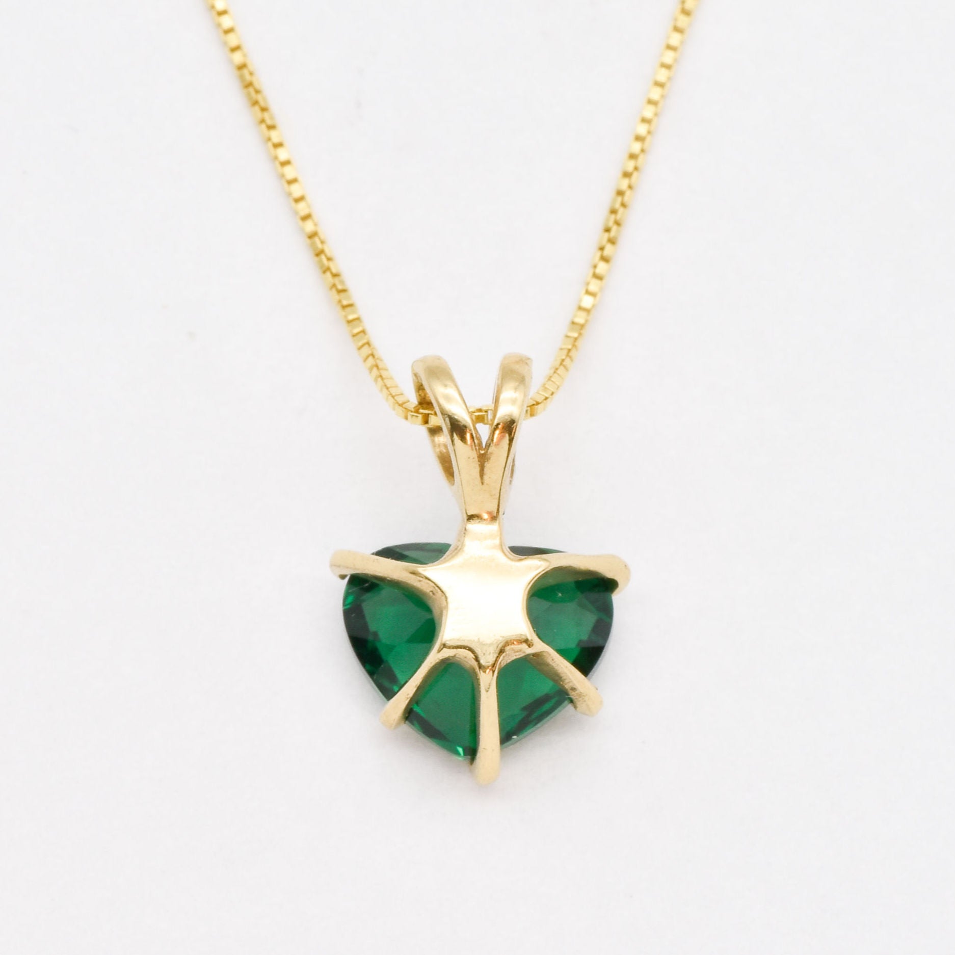 Charming 18k Gold Vermeil heart-shaped emerald pendant, an everyday essential and a meaningful May birthday gift.