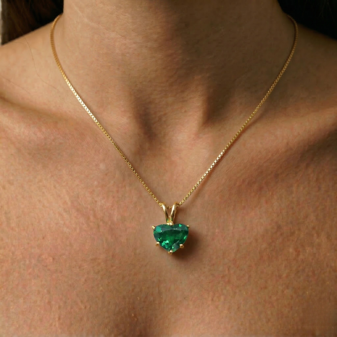 Elegant 18k Gold Vermeil Emerald Pendant, featuring a heart-shaped created emerald, perfect for birthdays and special occasions.