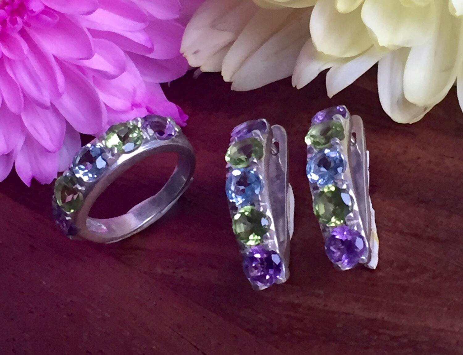 Multistone Earrings, Natural Topaz Earrings, Birthstones Earrings, Topaz Studs, Genuine, Blue Topaz, Amethyst, Peridot, Topaz Earrings