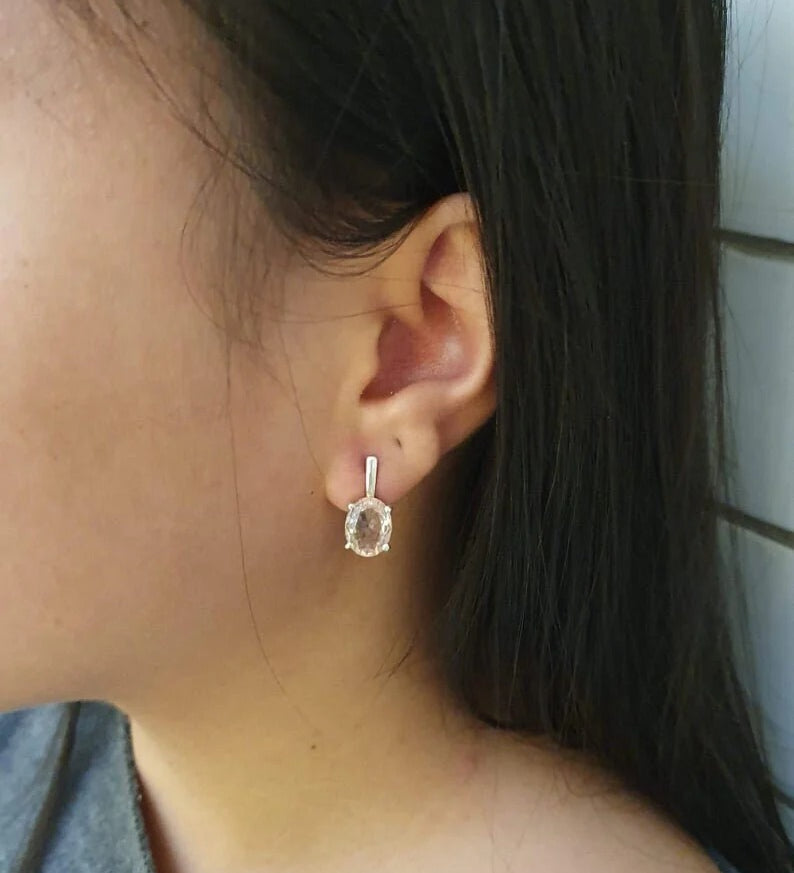 Simple Oval Diamonds Earrings, Created CZ Diamond, Sparkly 6 Carat Earrings, Bridal Earrings, Dainty Earrings, Solid Silver Earrings