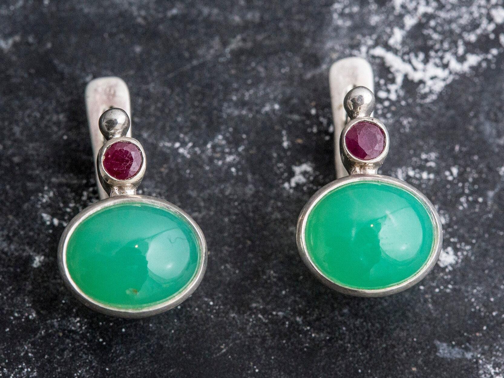 Chrysoprase Earrings, Natural Chrysoprase, Natural Ruby, May Birthstone, Green Earrings, Unique Earrings, Oval Earrings, Genuine Stone, Gift