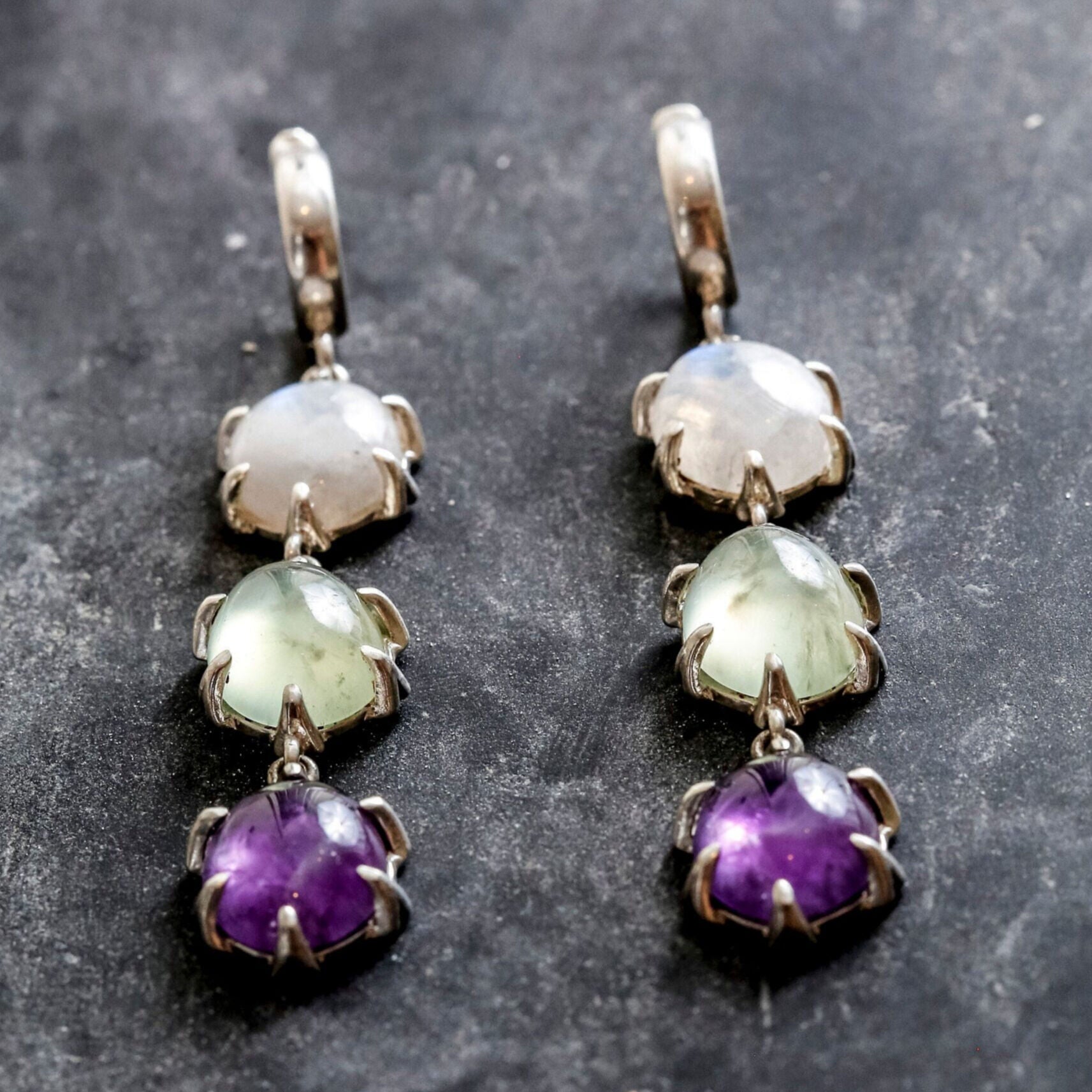 Multistone Earrings, Long Earrings, Vintage Earrings, Moonstone, Prehnite, Amethyst, June Birthstone, May Birthstone, February Birthstone