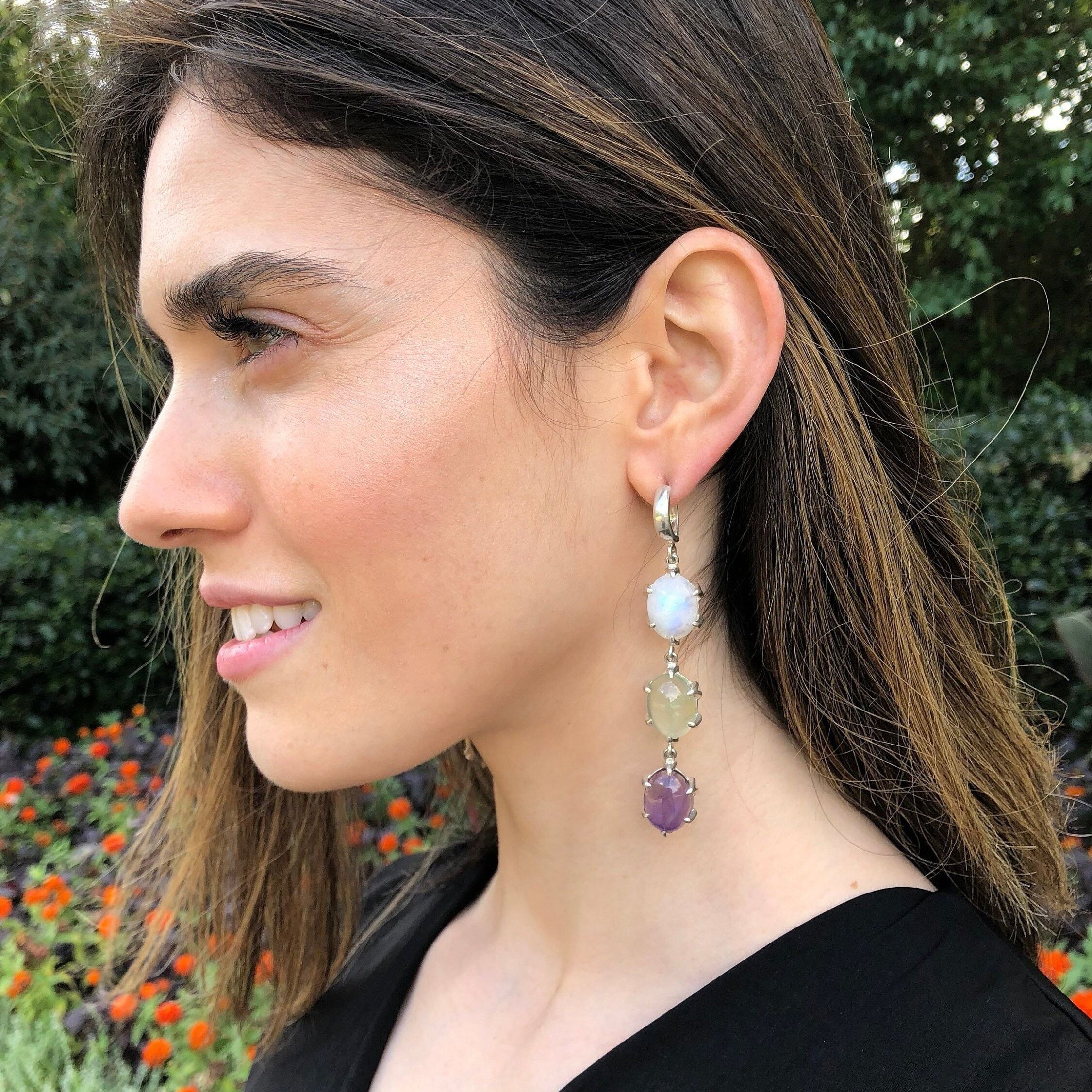 Multistone Earrings, Long Earrings, Vintage Earrings, Moonstone, Prehnite, Amethyst, June Birthstone, May Birthstone, February Birthstone