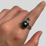 Statement Black Pearl Ring - Spiral Silver Ring - Natural Pearl Ring