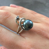 Statement Black Pearl Ring - Spiral Silver Ring - Natural Pearl Ring