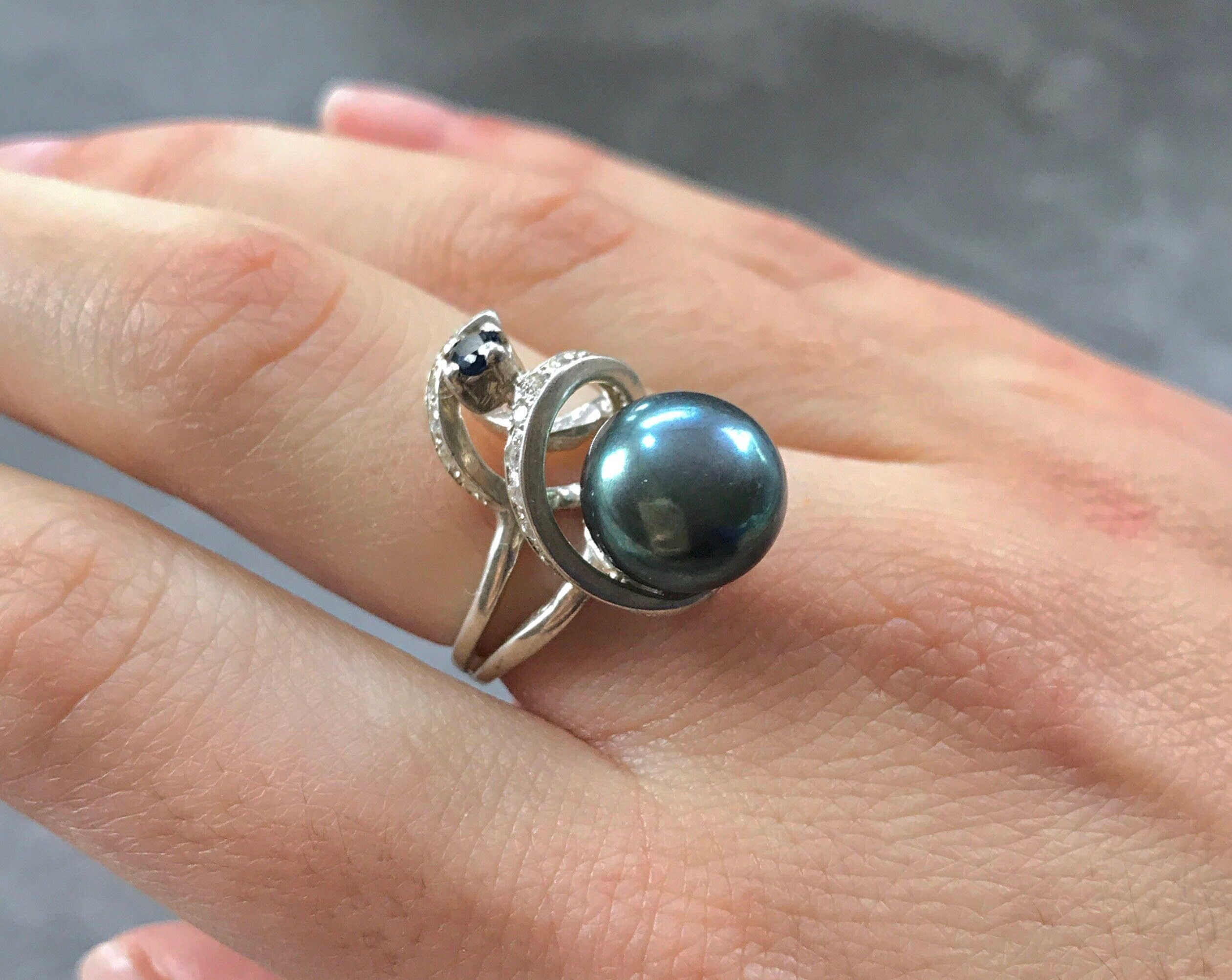 Black Pearl Ring, Natural Pearl, Pearl Ring, June Birthstone, Vintage Rings, Vintage Pearl Ring, Black Pearl, Solid Silver Ring, CZ Diamonds