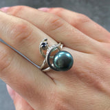 Statement Black Pearl Ring - Spiral Silver Ring - Natural Pearl Ring