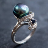 Statement Black Pearl Ring - Spiral Silver Ring - Natural Pearl Ring