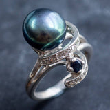 Statement Black Pearl Ring - Spiral Silver Ring - Natural Pearl Ring