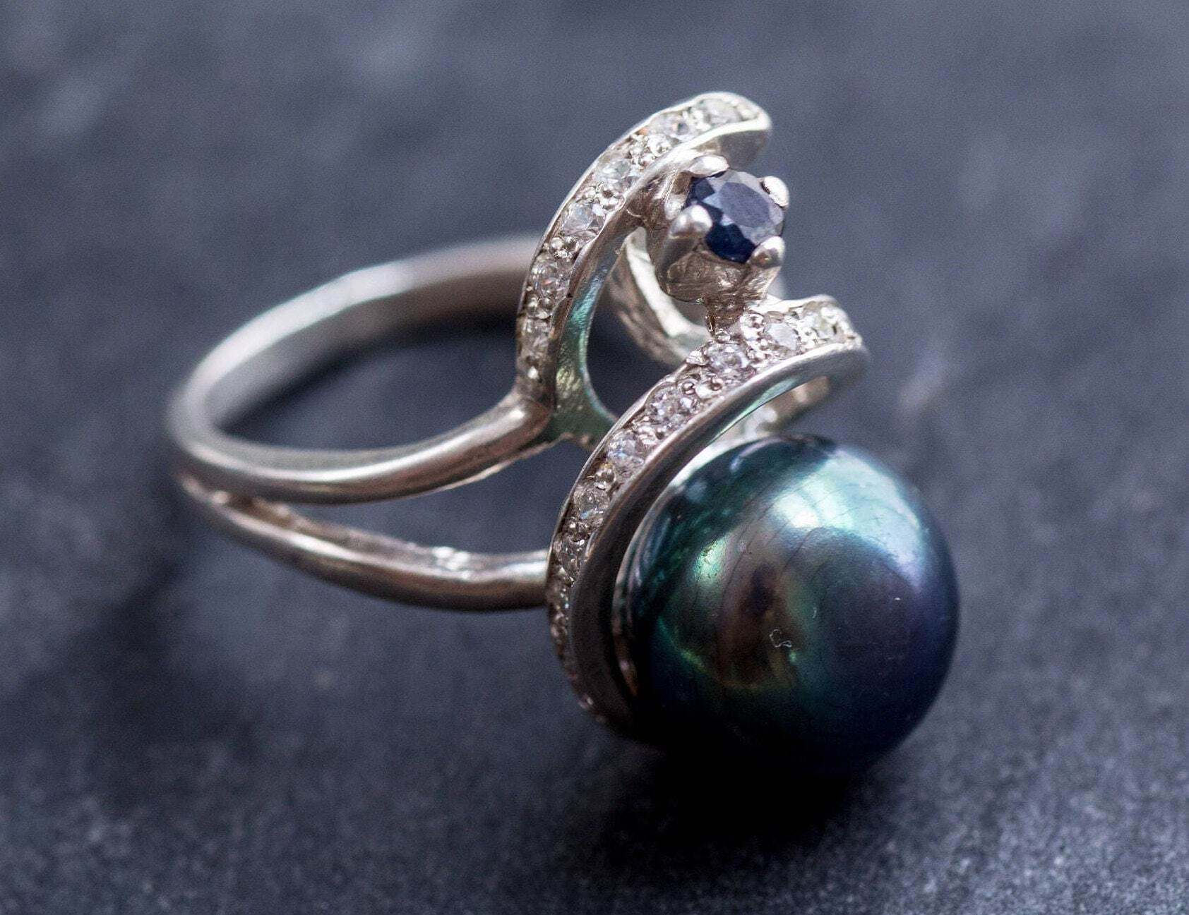 Black Pearl Ring, Natural Pearl, Pearl Ring, June Birthstone, Vintage Rings, Vintage Pearl Ring, Black Pearl, Solid Silver Ring, CZ Diamonds
