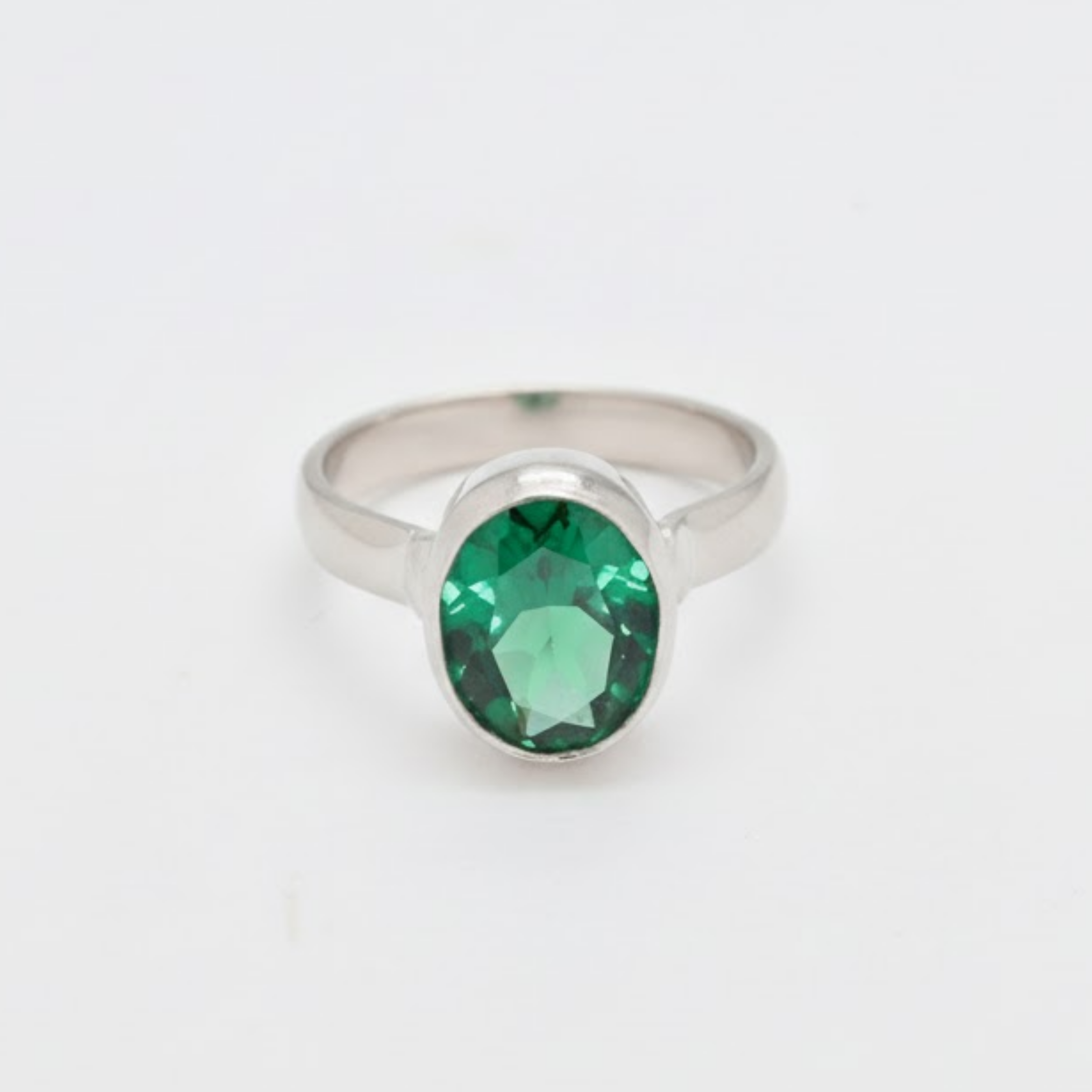 Created Emerald Ring made in 925 Sterling Silver with Oval Created Green Emerald in Bezel setting, May Birthstone gift idea, symbolizes, ideal for everyday wear and perfect for birthday gifting and special occasions.