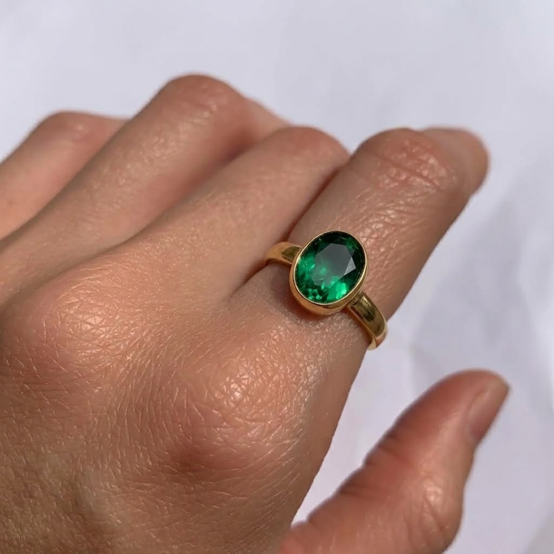 Elegant 18k Gold Vermeil Emerald Ring featuring an Oval Created Green Emerald, perfect for birthdays and special occasions.