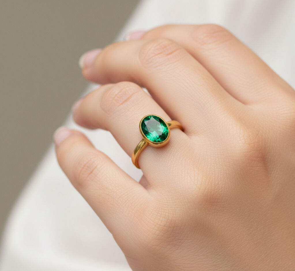 Elegant 18k Gold Vermeil Emerald Ring featuring an Oval Created Green Emerald, perfect for birthdays and special occasions.