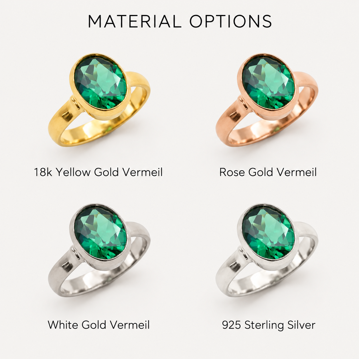 Adina Stone material options for 925 Sterling Silver, 18K Yellow Gold Vermeil, 18K White Gold Vermeil, 18K Rose Gold Vermeil.
