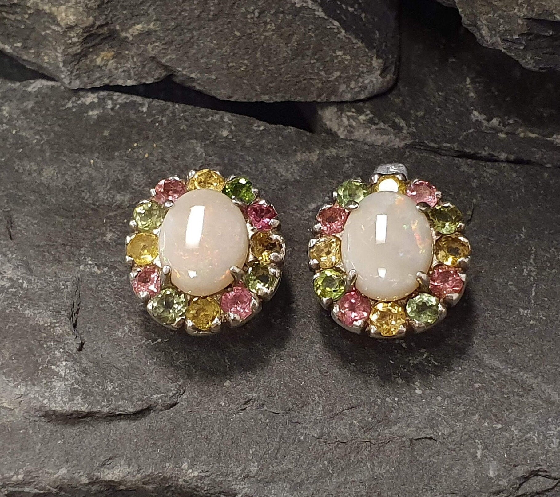 Precious Opal Earrings, Natural Opal, Victorian Earrings, October Birthstone, Oval Stud Earrings, Tourmaline Earrings, Solid Silver Earrings